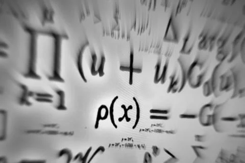 Large number of mathematical formulas focus zoom on a white background Stock Illustration