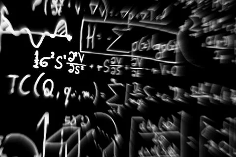 Large number of mathematical formulas focus zoom on a white background Stock Illustration