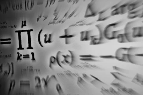 Large number of mathematical formulas focus zoom on a white background Illustrazione stock