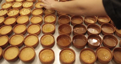 A large number of mini-tarts are laid out in even rows Stock Footage 253410262
