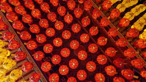 A large number of red lanterns are hanging from the ceiling 動画素材 318260647