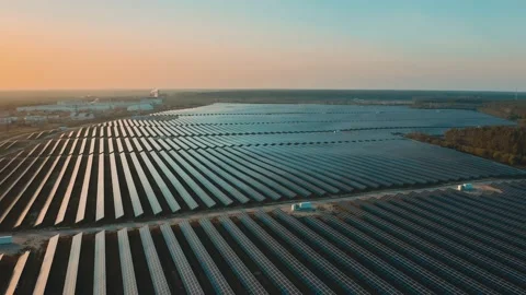 A large number of solar panels at sunset drone view. Stock Footage 232387434