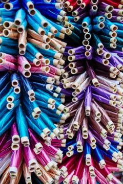 Large number of threads painted in different colors and shades in Morocco. Va Stock Photos
