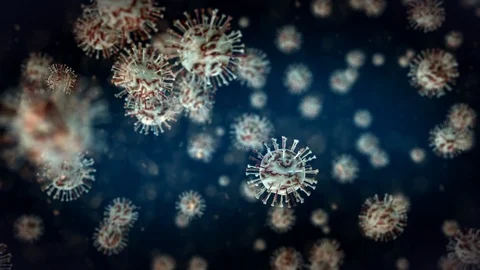 Large number of virus and germ cells spin and move, animated wide shot Video stock 124331605