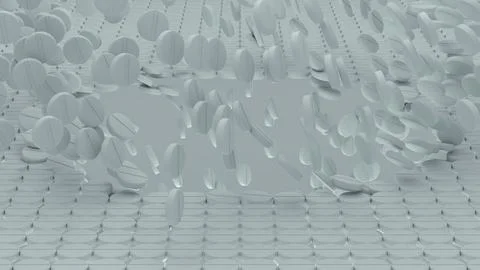 Large number of white tablets falling into a deep broken area in structured.. Stock Photos