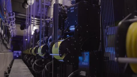Large Number of Yellow Pulleys for Winch Hoists in a Row. Stock Footage 302760487