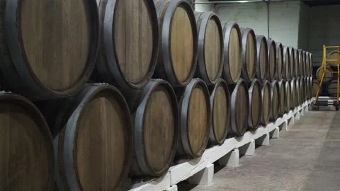 Large oak barrels of wine in the cellar of the winery. production, aging of wine Video stock 161979431