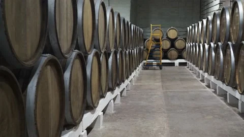 Large oak barrels of wine in the cellar of the winery. production, aging of wine Stock Footage 167078875
