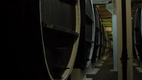 Large oak barrels of wine in the cellar of the winery. wine production Stock Footage 170509275