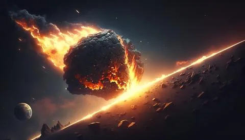 A large object is in the middle of a space with a fire trail coming out of .. Stock Illustration