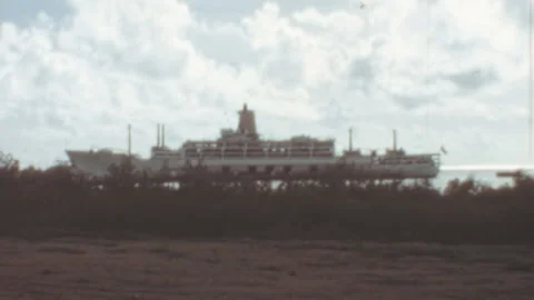 Large Ocean Liner Sailing Over Dry Land Illusion Suez Canal Egypt 1960s 库存影片 348923767