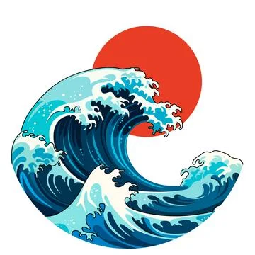 Large Ocean Wave with Red Sun Vector Illustration Stock Illustration