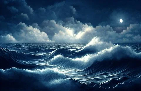 Large ocean waves and at night. Stormy sea at night. Impressive art illustration Stock Illustration