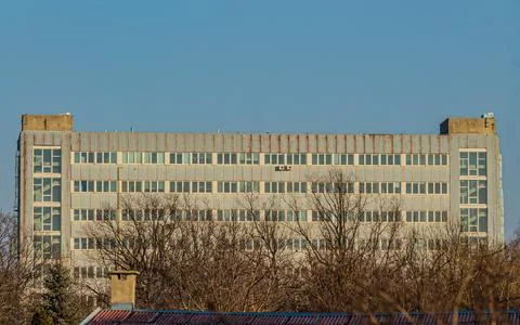 Large office building behind bare trees Stock Photos