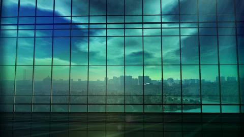 Large office building in front of a panoramic glass window. Ilustración de archivo