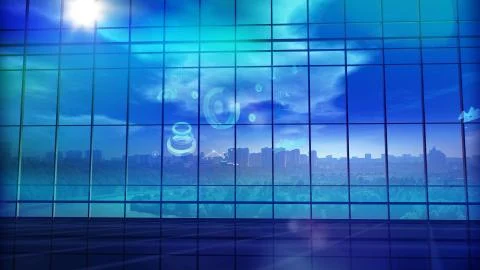 Large office building in front of a panoramic glass window. Ilustración de archivo