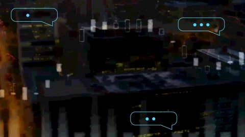 Large office building hosting cyan bubble appearing, causing chat bubbles Stock Footage 334203015