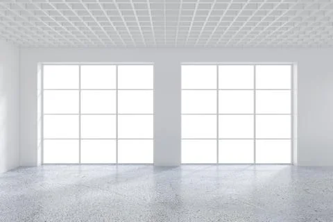 Large office with windows and falling light from the window to the floor. 3D Illustrazione stock