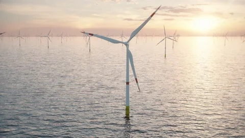 Large offshore wind farm or wind park in the sea against low sun Stock Footage