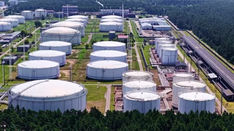 Large oil refinery storage tanks facility Stock Footage 342978641