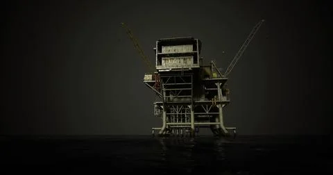 Large oil rig platform illuminated at night over calm waters Ilustração Stock