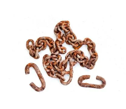 Large old rusty chain on white background. Top view, flat lay Stock Photos
