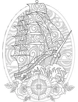 Large old ship in he ocean with high waves, roses, and a compass in the front, f 스톡 일러스트