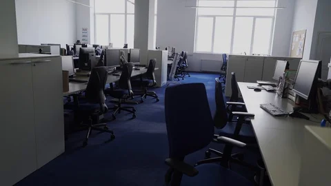Large open-plan office interior without people, employees work from home online Stock Footage 127584285