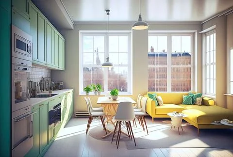 Large open room with kitchen and living room in vintage style Stock Illustration
