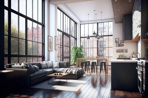 Large open room with kitchen and living room in modern style Stock Illustration