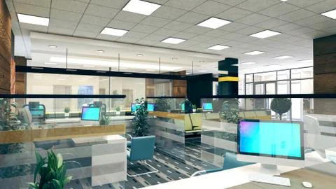 Large open space office perspective interior design 3D rendering Stock Illustration