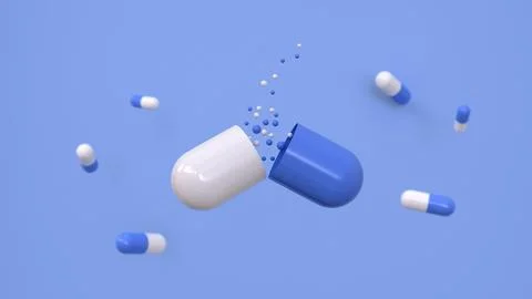 Large open white and blue pill with medicine leaking from it over a blue back Stock Illustration