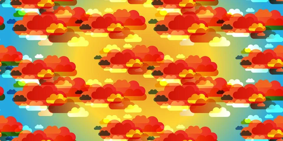 Large Orange Sun in the Sky Behind Colorful Overlaying Red Cloud Silhouette.. 스톡 일러스트