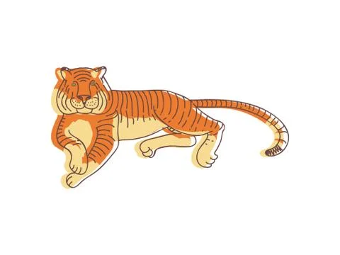 Large orange tiger lying on the ground. Predatory animal with striped coat and Stock Illustration