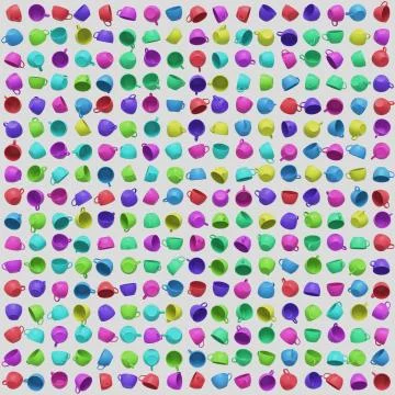 A large ordered array of colorful coffee cups rotated in random directions. T Illustrazione stock