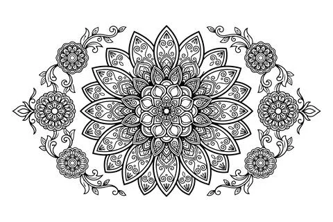 Large ornate mandala with floral elements and scrolls. Stock Illustration