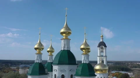 Large Orthodox church five domes of green and golden colour Video stock 152923402