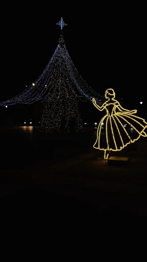 A large outdoor Christmas tree made of lights with a star on top. Beside it, the Stock Footage 293091237