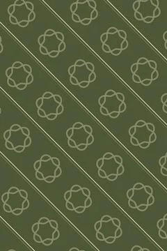 Large outlined rosettes repeat across an olive green field alongside slim d.. Stock Illustration
