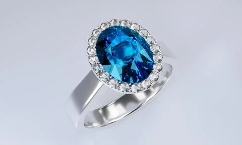 The large oval blue diamond is surrounded by many diamonds on the ring made o Stock Illustration