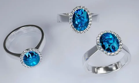 The large oval blue diamond is surrounded by many diamonds on the ring made o Stock Illustration
