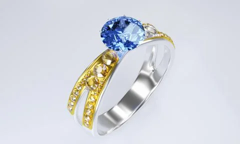 The large oval blue diamond is surrounded by many diamonds on the ring made o Stock Illustration