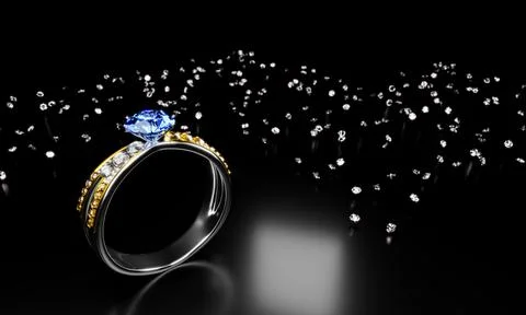 The large oval blue diamond is surrounded by many diamonds on the ring made o Stock Illustration