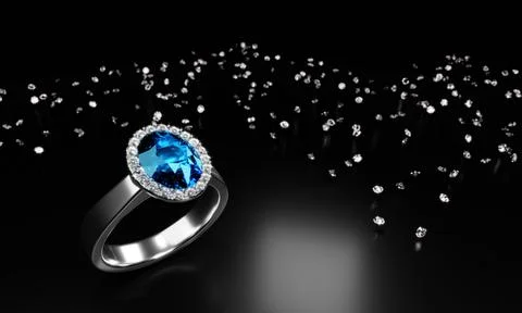 The large oval blue diamond is surrounded by many diamonds on the ring made o Stock Illustration