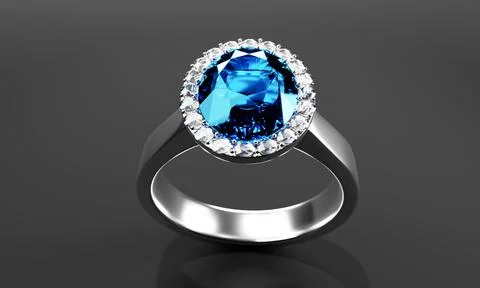 The large oval blue diamond is surrounded by many diamonds on the ring made o Stock Illustration