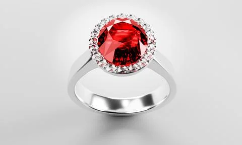 The large oval red diamond is surrounded by many diamonds on the ring made of Illustrazione stock