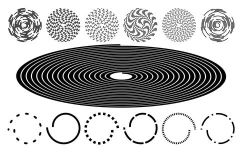 Large oval spiral illustration, dashed circular elements, black geometric s.. イラスト素材