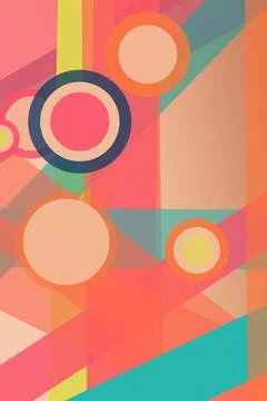 Large overlapping circles and angular planes create a vivid coral, orange, .. Stock Illustration