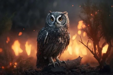 A large owl sitting on a tree branch in a forest with fire in the backgroun.. Stock Illustration