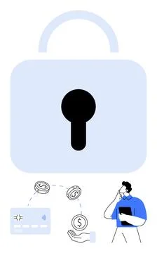 Large padlock representing data security, businessman holding documents with  Illustrazione stock